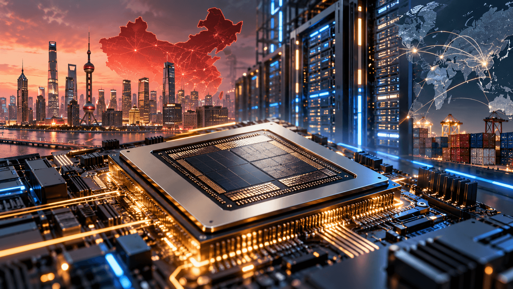 Editorial illustration of an AI chip and data-center servers representing potential Nvidia chip sales to Chinese technology companies.