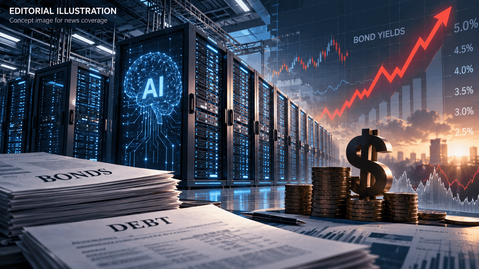 Editorial illustration showing AI data centers and rising bond yields representing higher borrowing costs for artificial intelligence infrastructure.